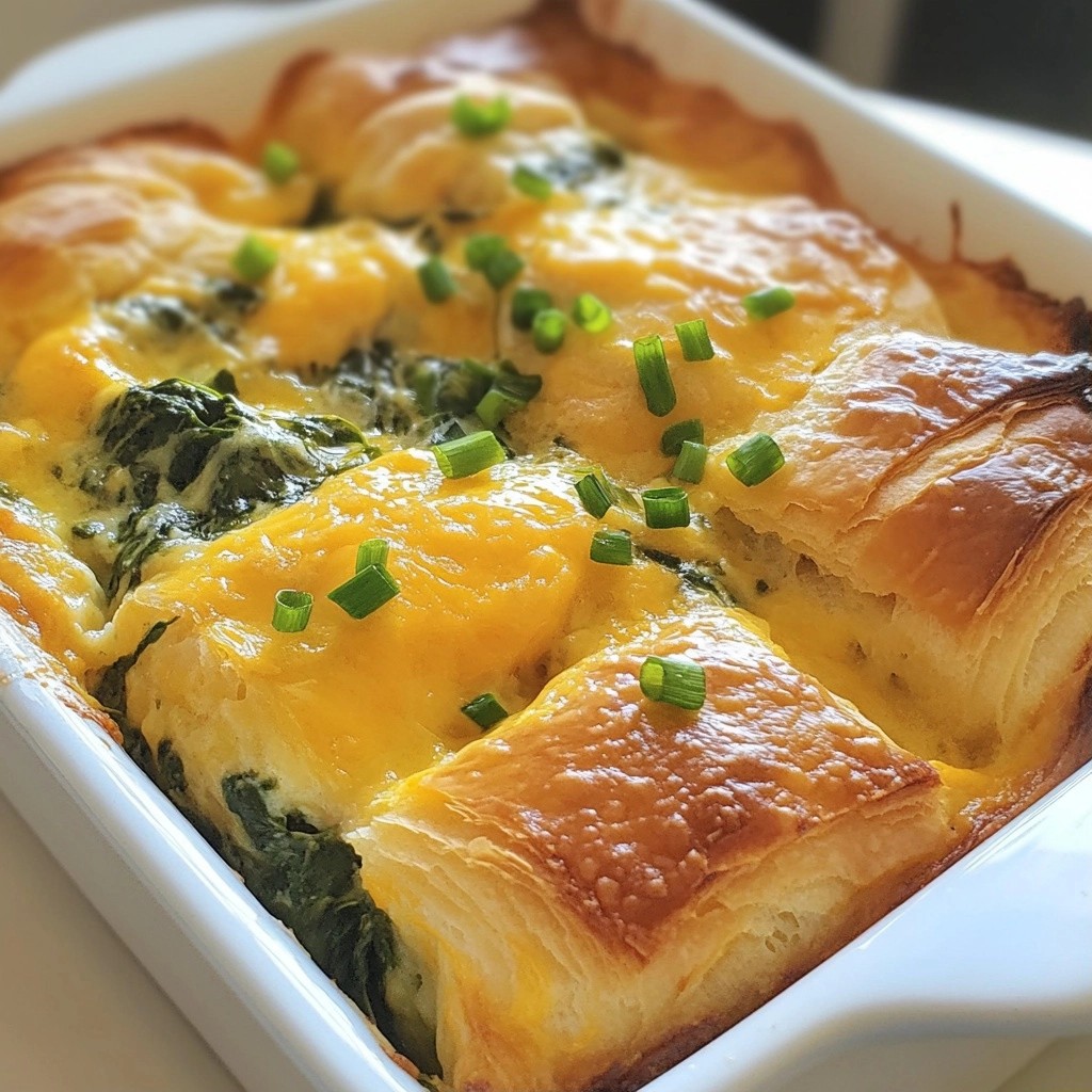 Make-ahead breakfast Spinach and Cheddar Croissant Bake