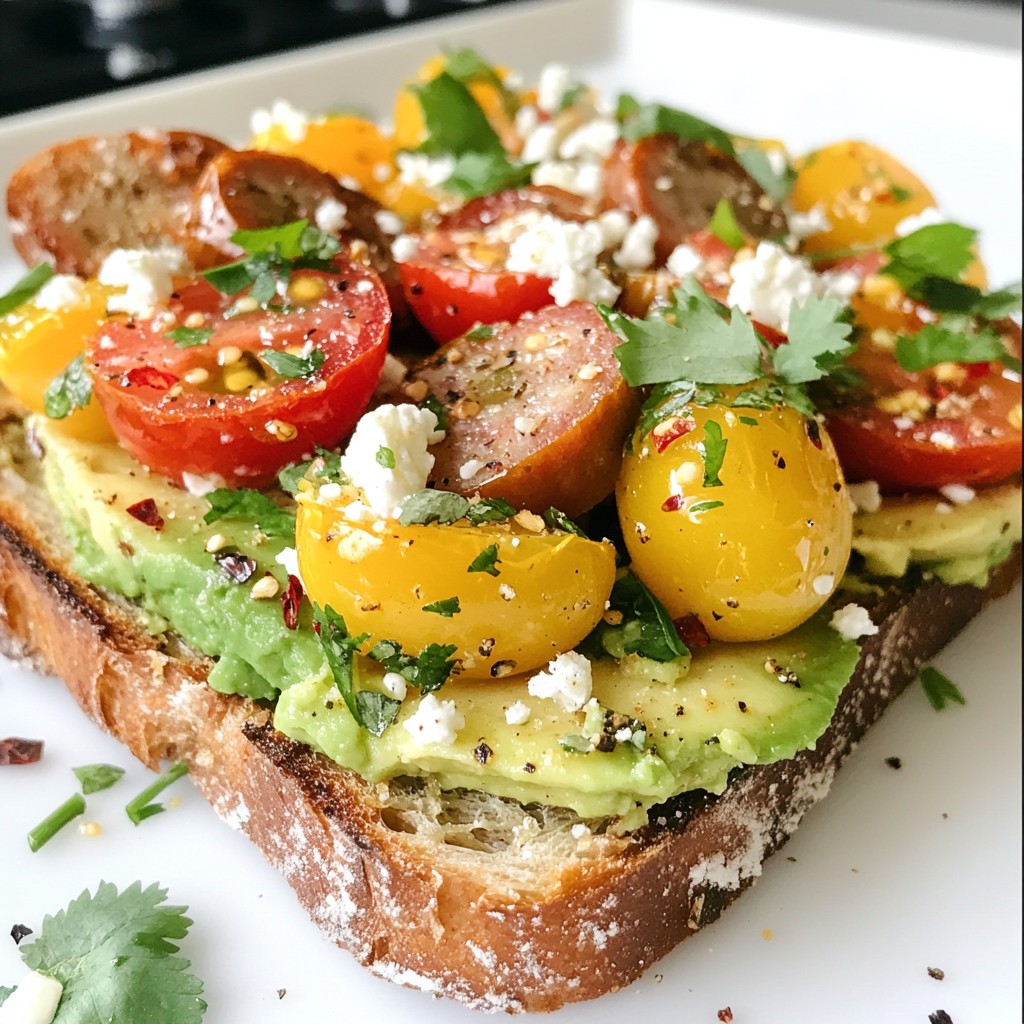 Savory brunch Avocado Toast with Chicken Sausage Delight